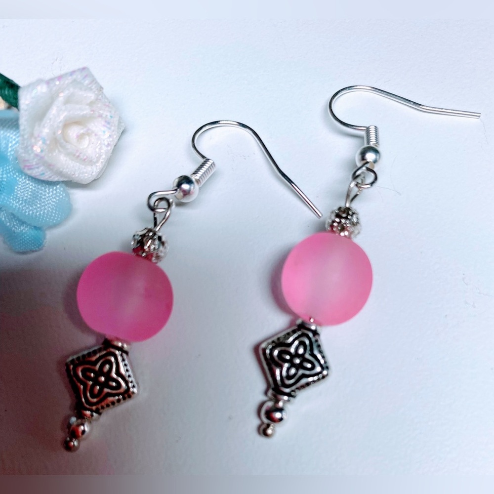 Pink frosted glass beaded earrings